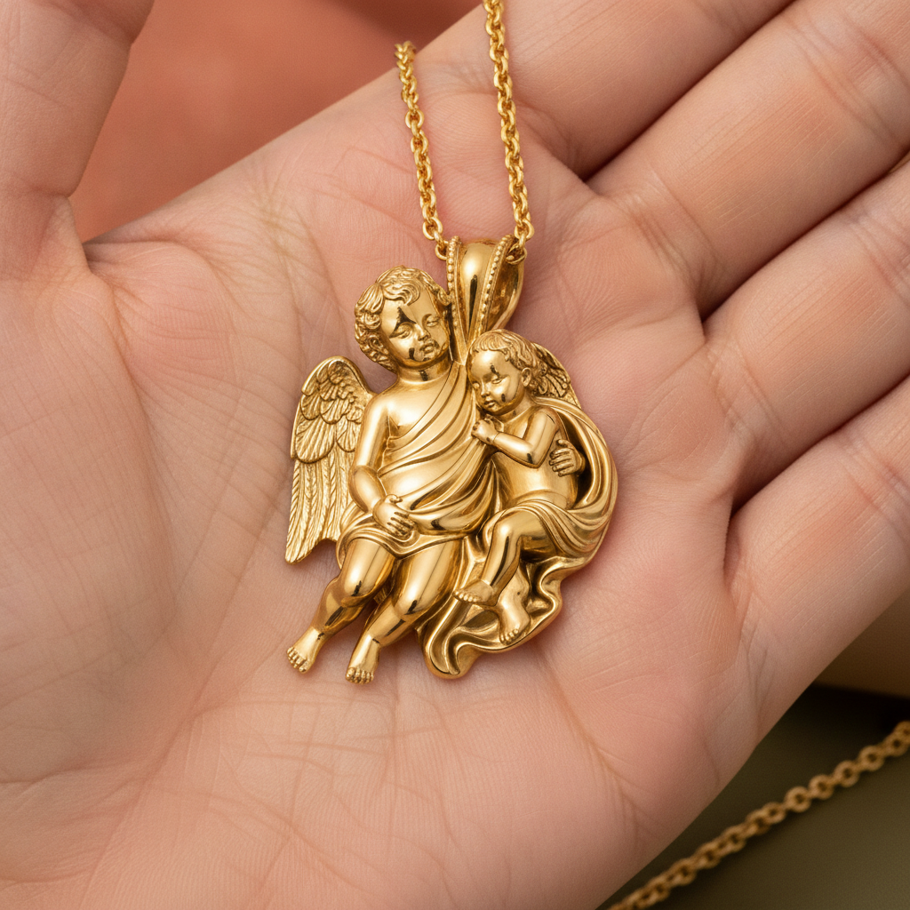 Golden Cherub Duo Pendant Necklace | Guardian Angel Pendant | 9K Gold, Sterling Silver & Yellow Brass | Religious Jewelry | Cherub Gift