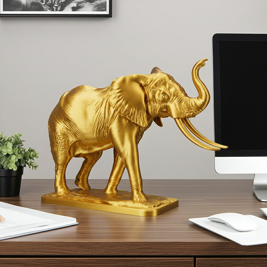 The Majestic Elephant Sculpture in gold PLA by MokshaGoldSculptures, elegant handmade wildlife décor.