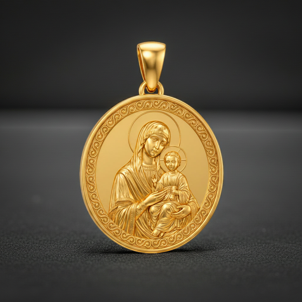 Mary with Baby Jesus Pendant Necklace – Ancient Religious Scene Jewelry – Catholic Christian Devotional Gift