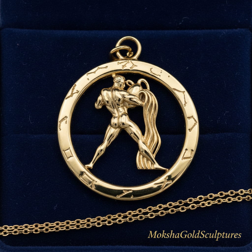 Aquarius Zodiac Pendant Necklace in 9K gold by MokshaGoldSculptures, water-bearer in circle with zodiac symbols.