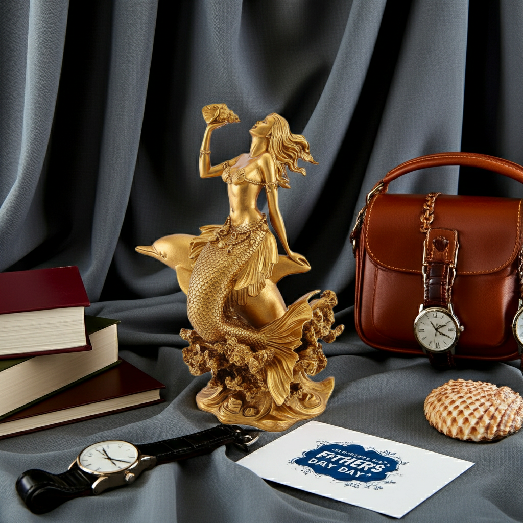 The Golden Mermaid with Dolphin and Konch Shell PLA statue by MokshaGoldSculptures, matte finish, fantasy display.