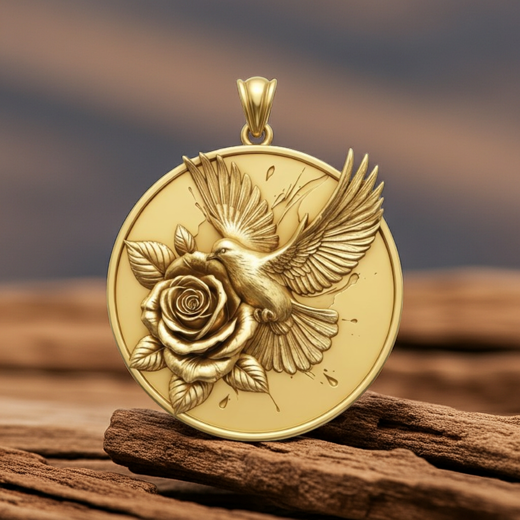 Hummingbird Necklace Gold Rose Pendant | 9K 14K 18K Gold Bird Necklace | Engraved Floral Jewelry | Nature Gift for Women | Handmade Charm