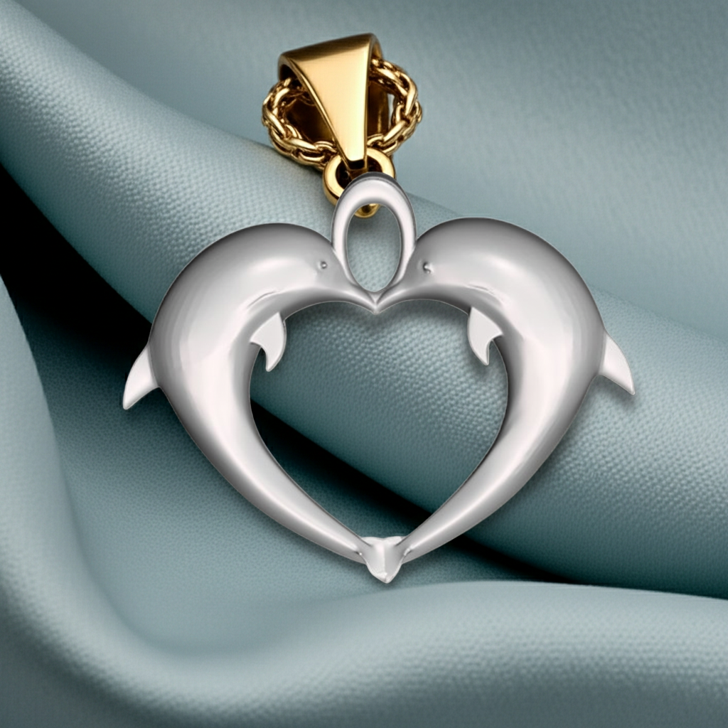 Double Dolphin Heart Pendant with Integrated Bail – Polished Silver or Brass – 29 x 24 mm