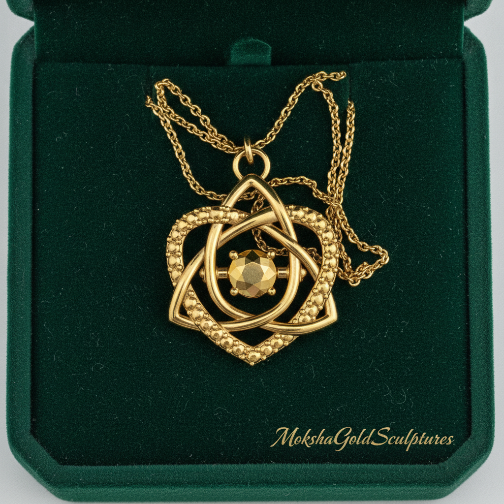 The Celtic Trinity Knot Heart Emerald Pendant Necklace in gold by MokshaGoldSculptures, set with diamond and emerald gems.