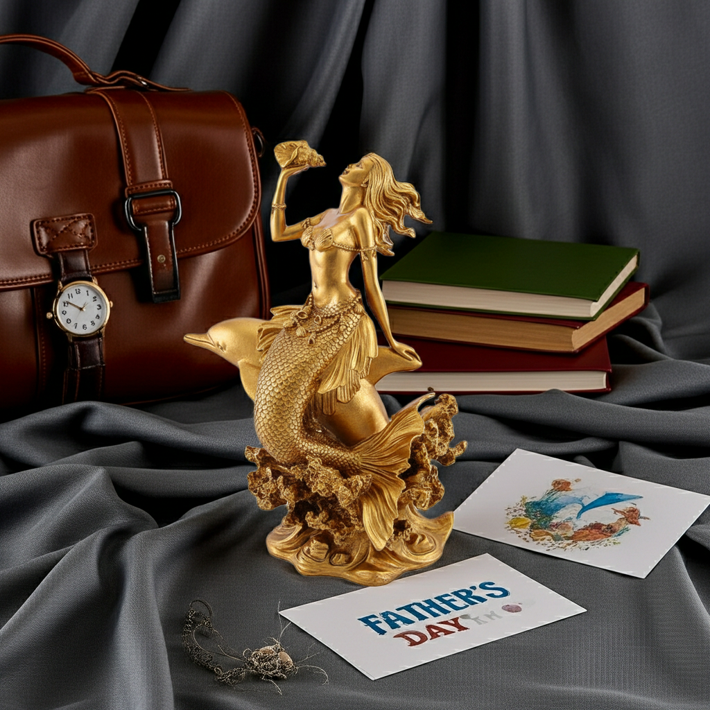 Golden Mermaid with Dolphin and Konch Shell PLA statue by MokshaGoldSculptures on gray fabric, matte finish visible.