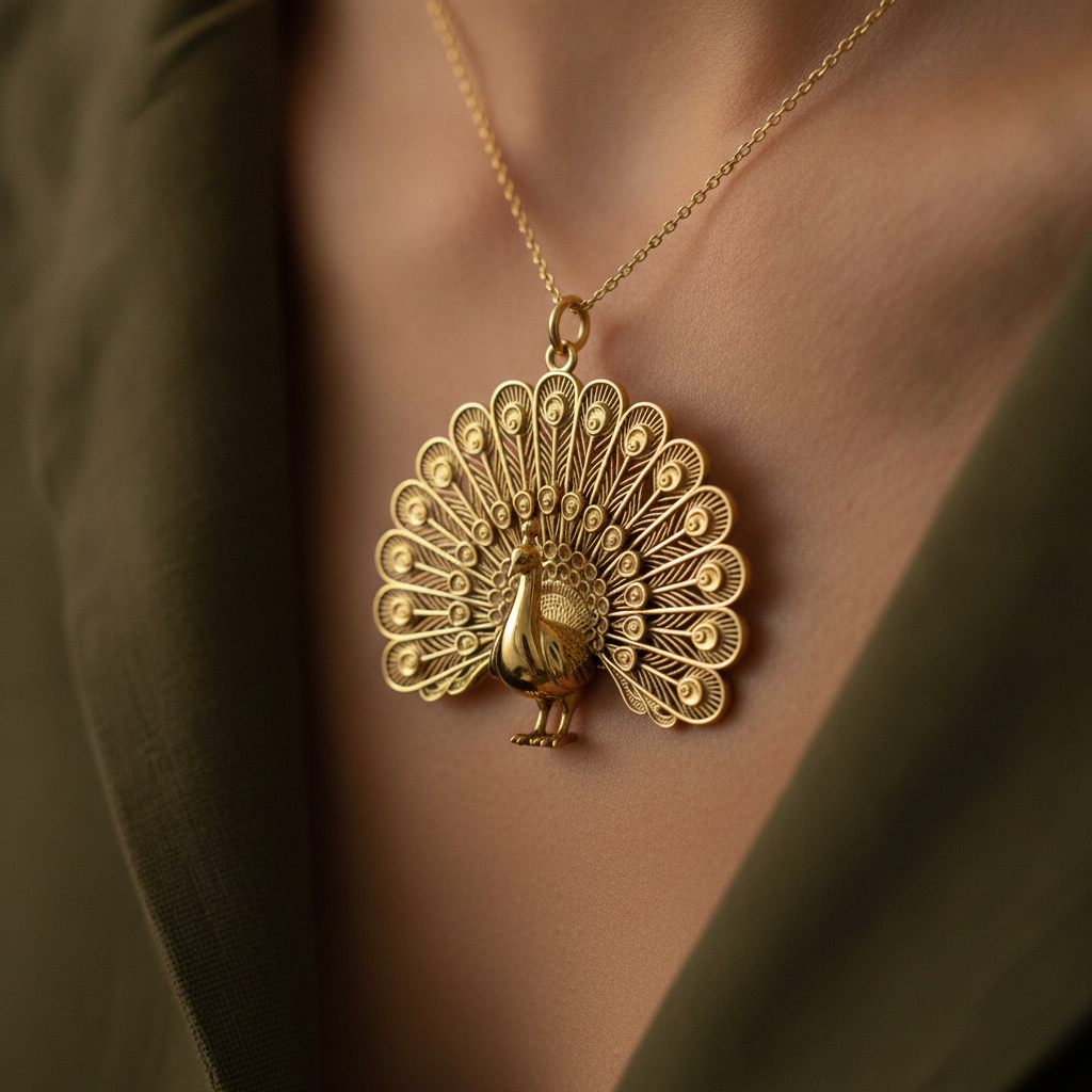 Peacock Pendant Necklace in gold finish by MokshaGoldSculptures, featuring an ornate peacock on a model in an olive blazer.
