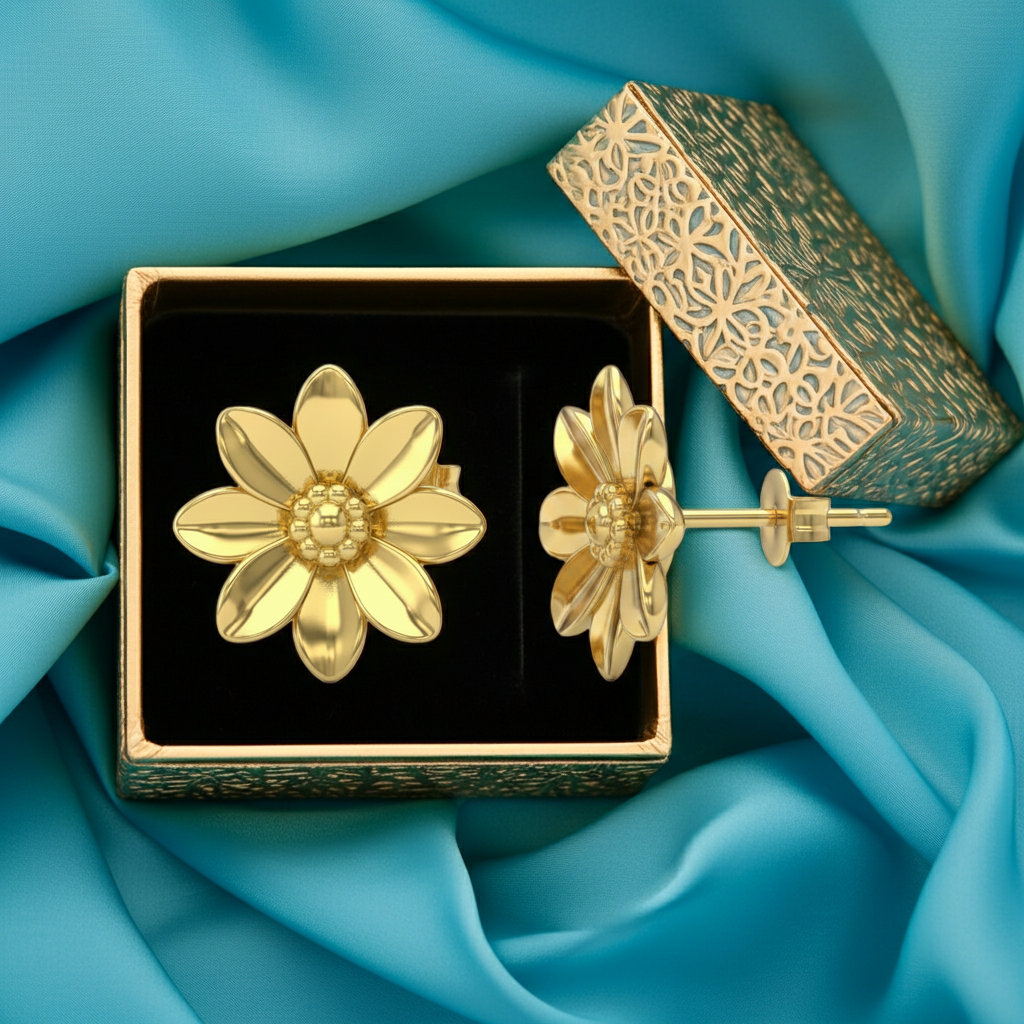 Polished Brass Flower Stud Earrings by MokshaGoldSculptures in ornate velvet box, elegant handmade nature-inspired design.