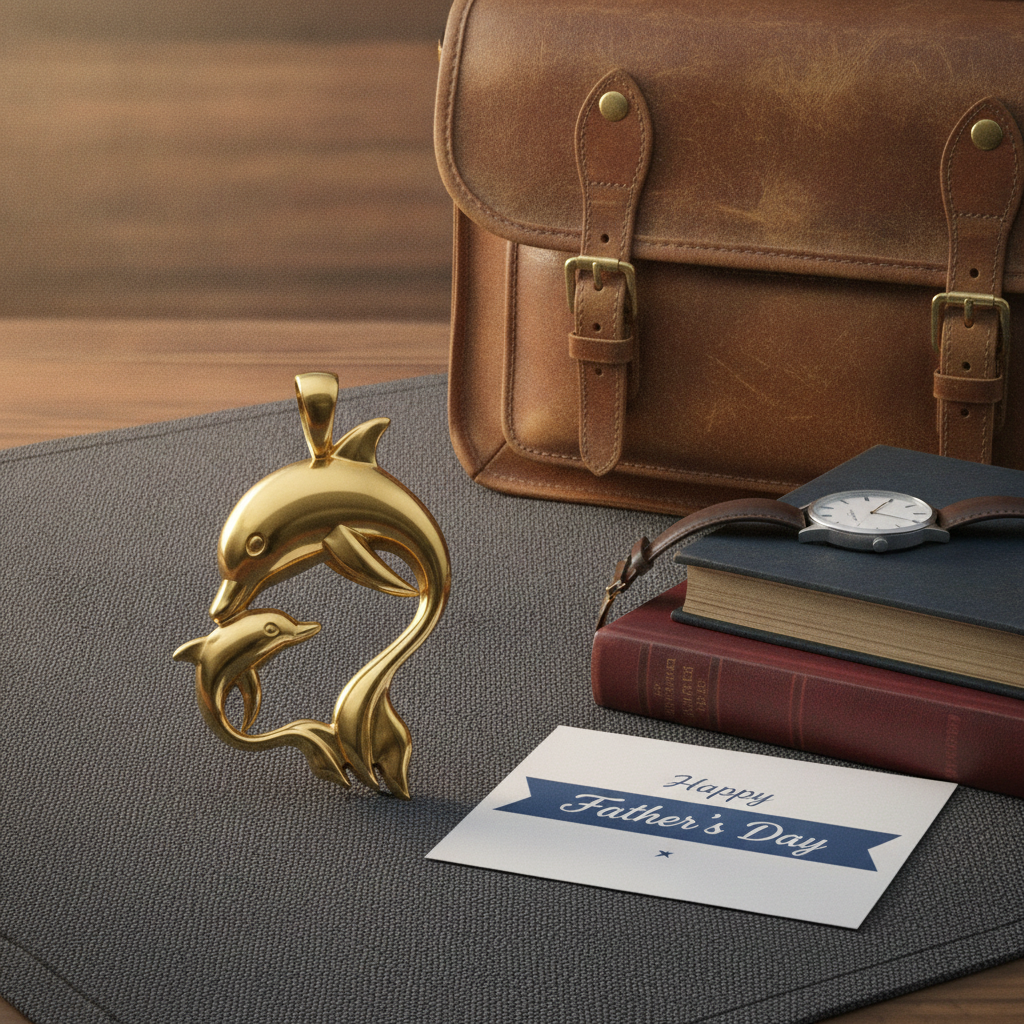 The Dolphin Mother & Baby Pendant Necklace in 18K white gold high polish by MokshaGoldSculptures on a textured mat.