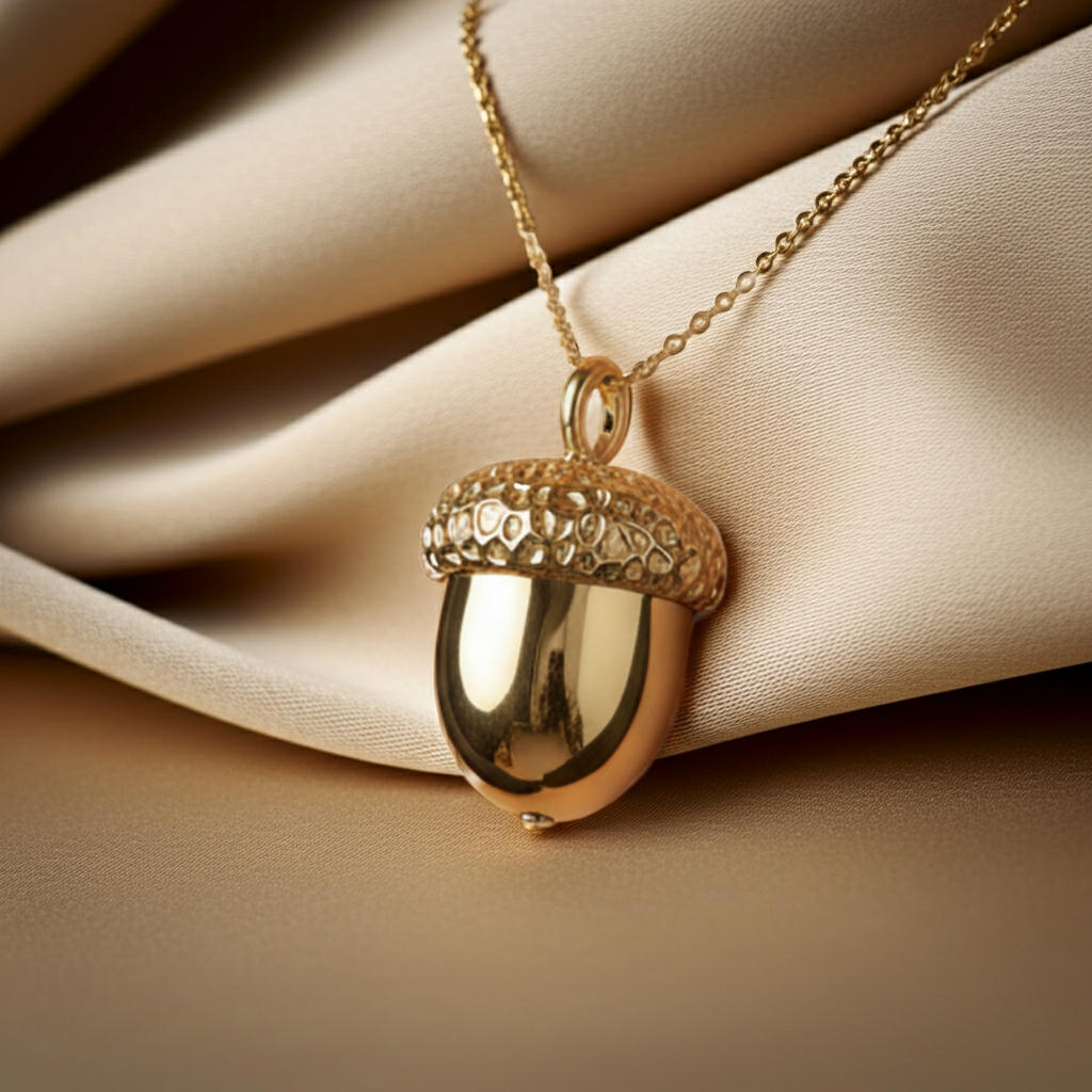 The Gold Acorn Pendant Necklace in 24K gold plated finish by MokshaGoldSculptures on a delicate chain.