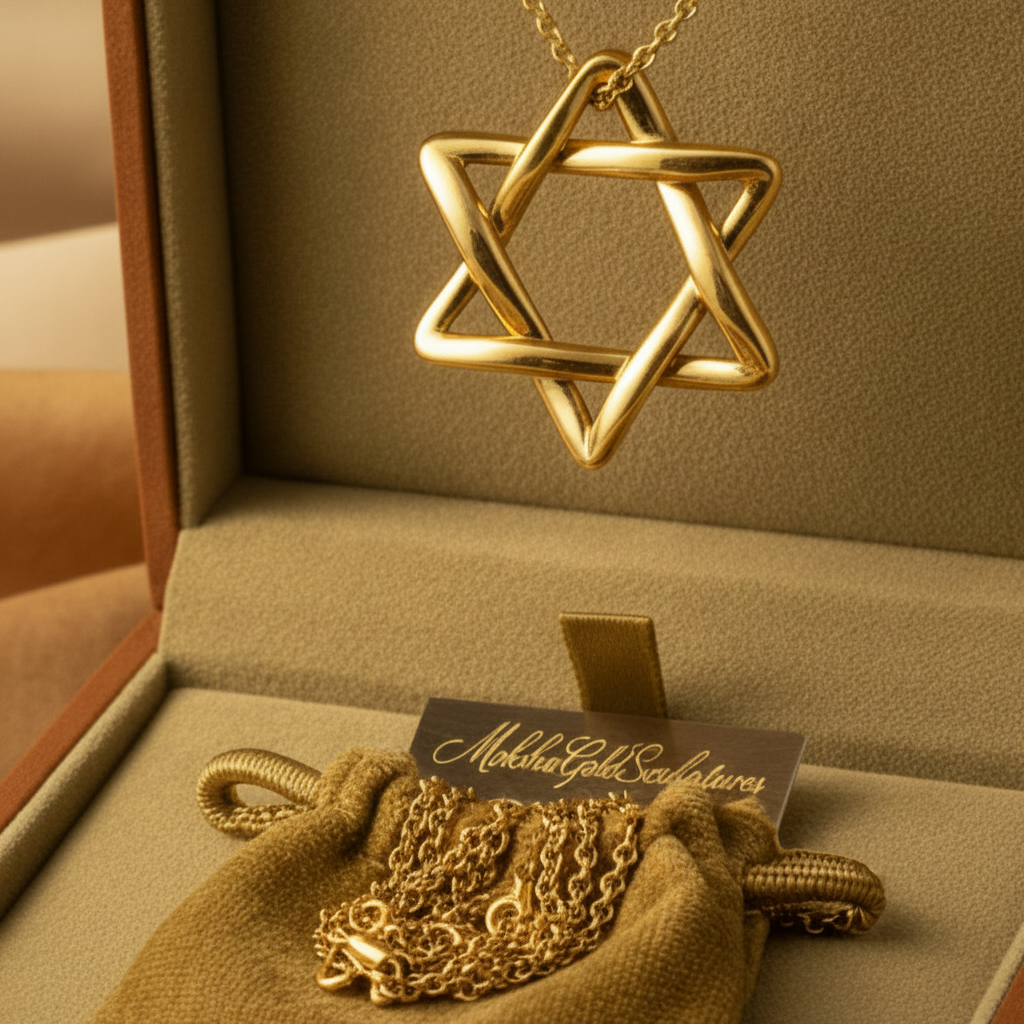 The Interlaced Star of David Pendant Necklace in 18K gold by MokshaGoldSculptures, minimalist hexagram charm.