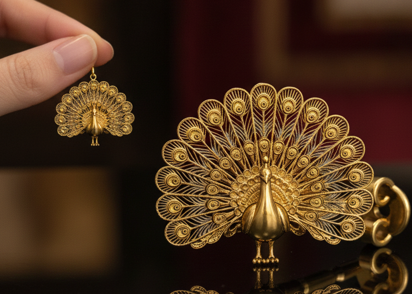 Peacock Stud Earring in 9K Gold by MokshaGoldSculptures, held beside matching brooch, both with fine feather details.