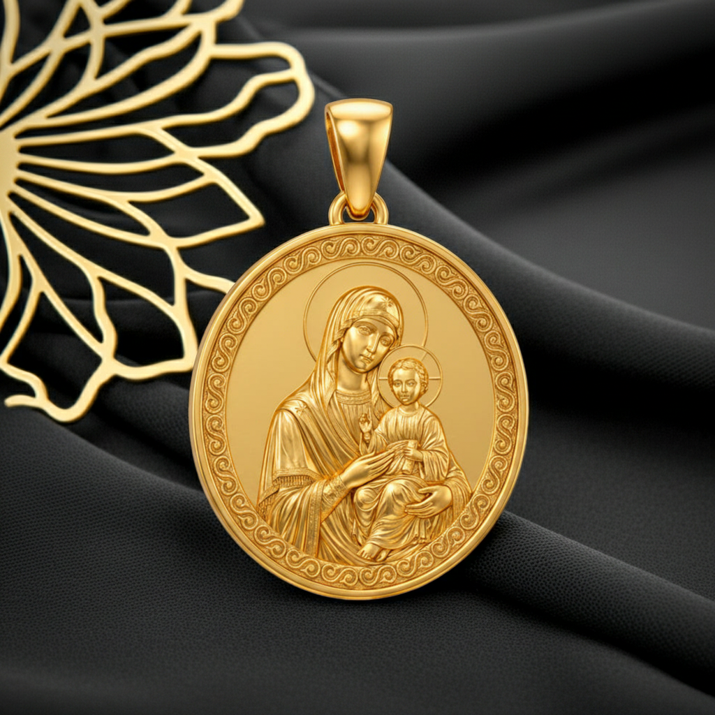 Mary with Baby Jesus Pendant Necklace – Ancient Religious Scene Jewelry – Catholic Christian Devotional Gift