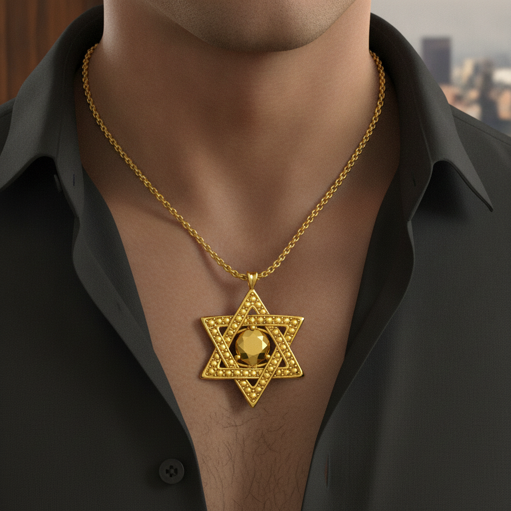 Star of David Pendant Necklace in 18K gold by MokshaGoldSculptures, worn by man; blurred city background.