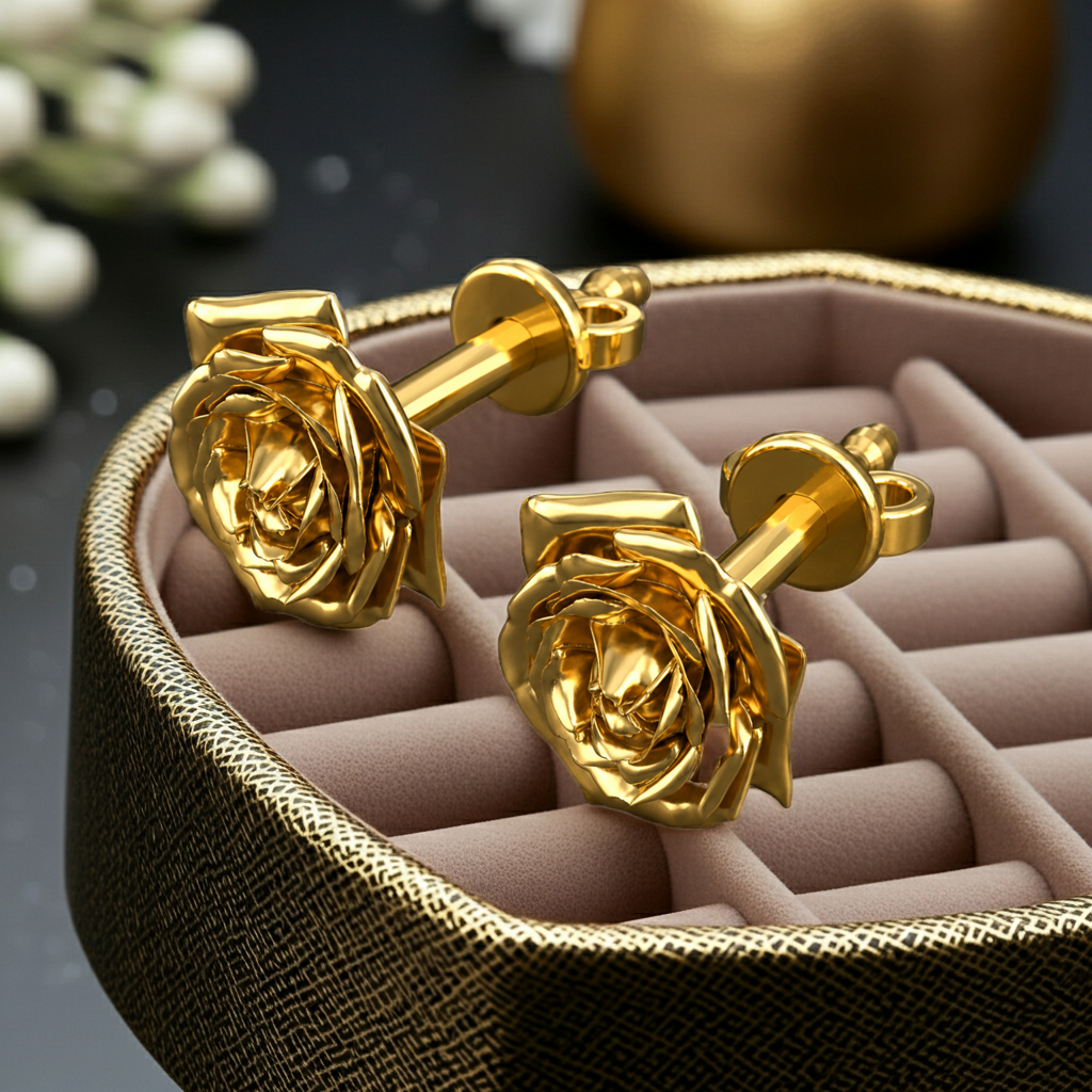 Polished Brass Rose Stud Earrings by MokshaGoldSculptures in a textured jewelry box, blurred florals and gold behind.