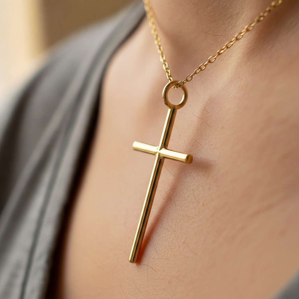 Minimalist Cross Pendant Necklace in 9K gold by MokshaGoldSculptures, worn over a gray top with soft blurred background.