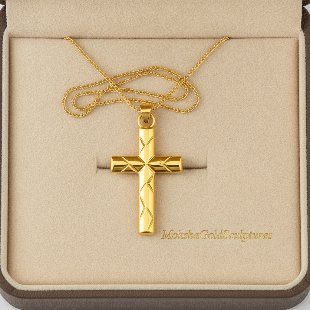 The Faceted Cross Pendant Necklace in 9K gold by MokshaGoldSculptures, geometric charm on fine chain, in beige box.