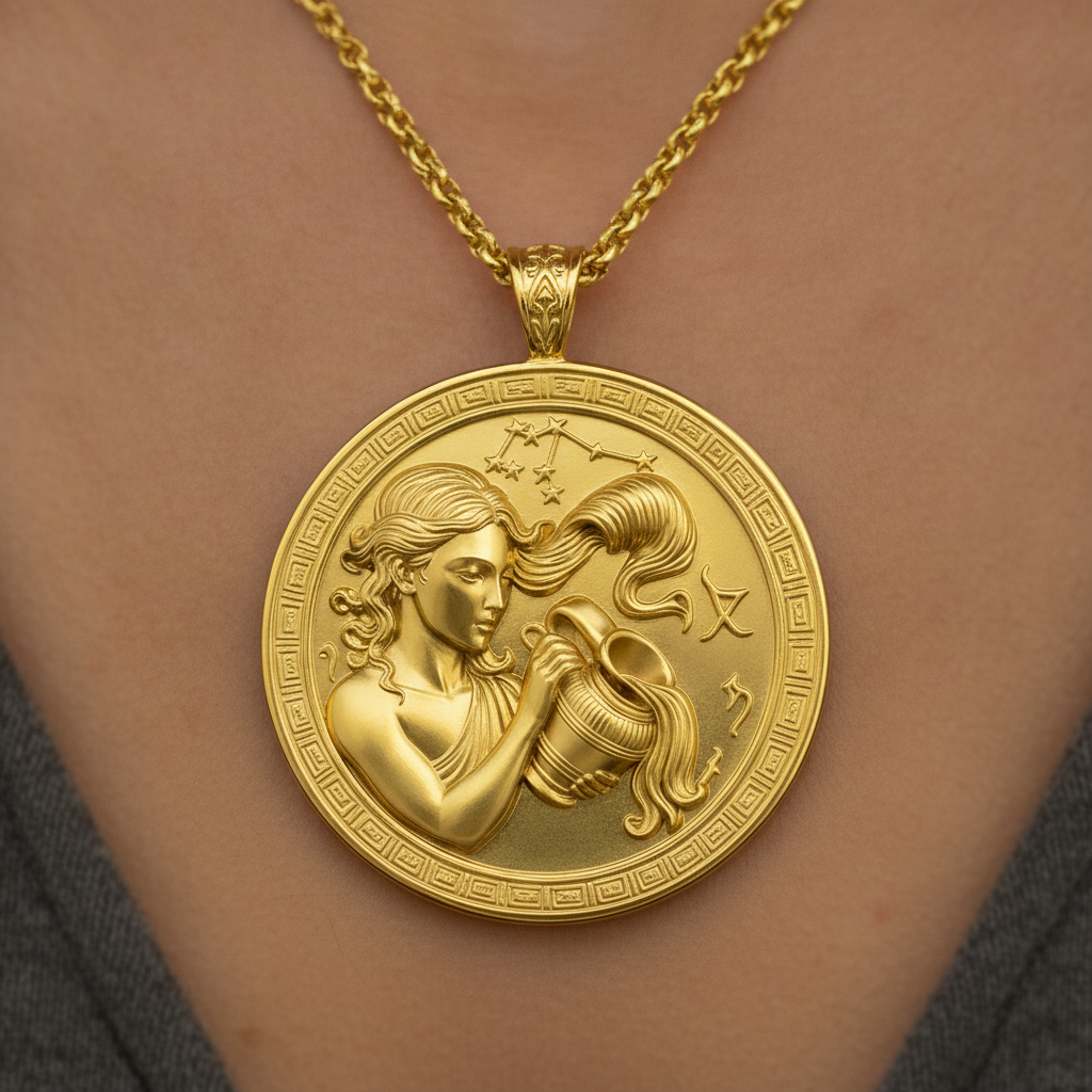 Aquarius Zodiac Pendant Necklace in 9K gold by MokshaGoldSculptures, embossed woman with celestial motifs.