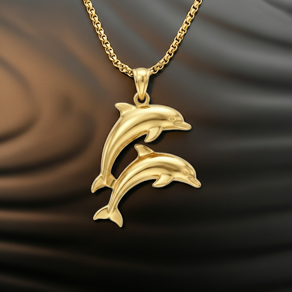 Two Dolphin Pendant Necklace | 18k Gold Plated or 925 Sterling Silver | Ocean Jewellery