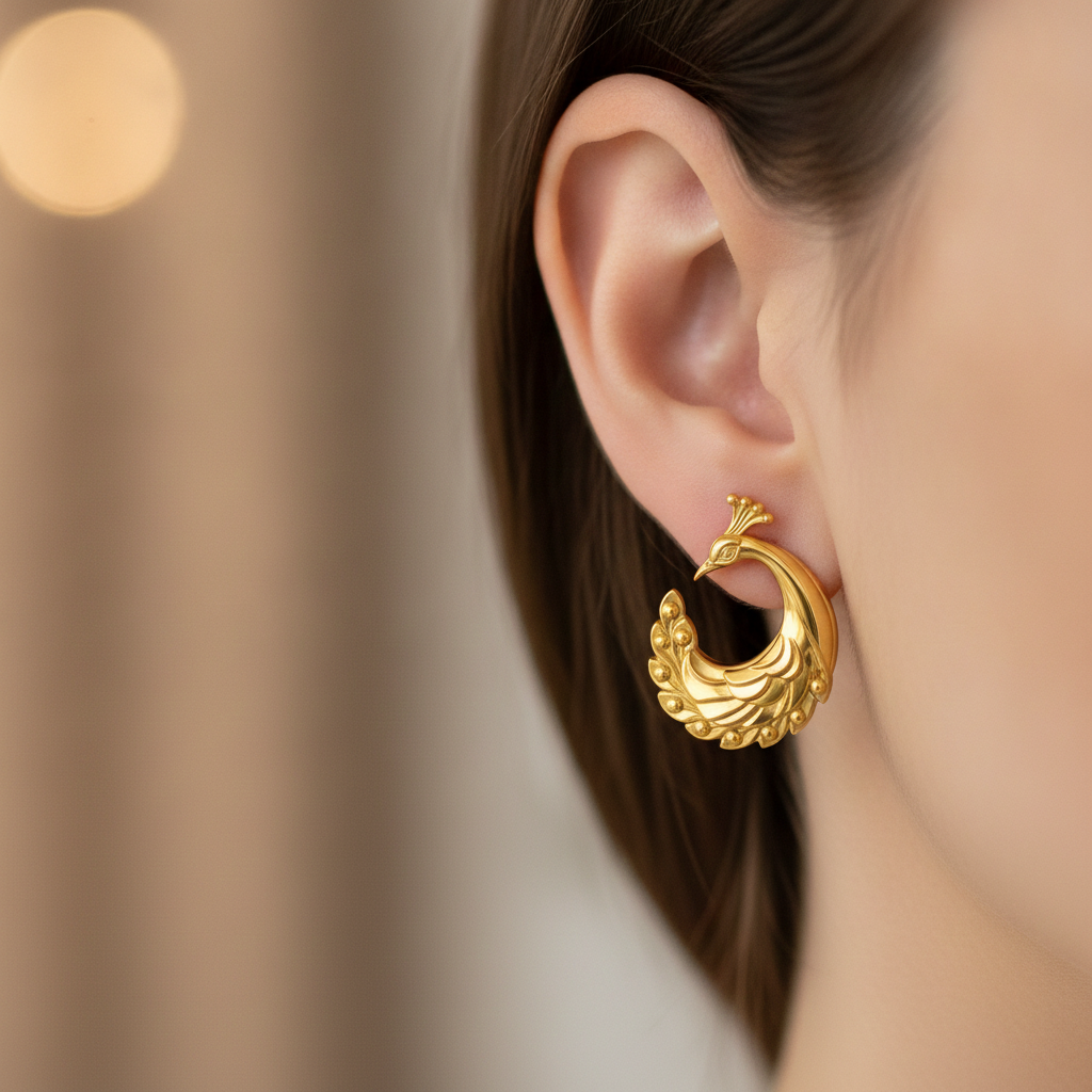 Peacock Stud Earrings – 9K Gold, Sterling Silver 925 or Polished Brass | Elegant Peacock Bird Earrings | Nature Inspired Jewellery | Handmade Gift for Her
