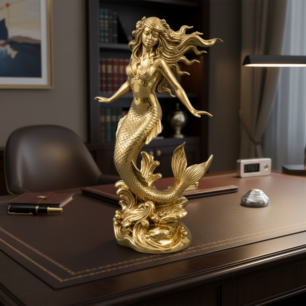 The Polished Brass Mermaid Sculpture in high polish finish by MokshaGoldSculptures on desk with elegant office decor.