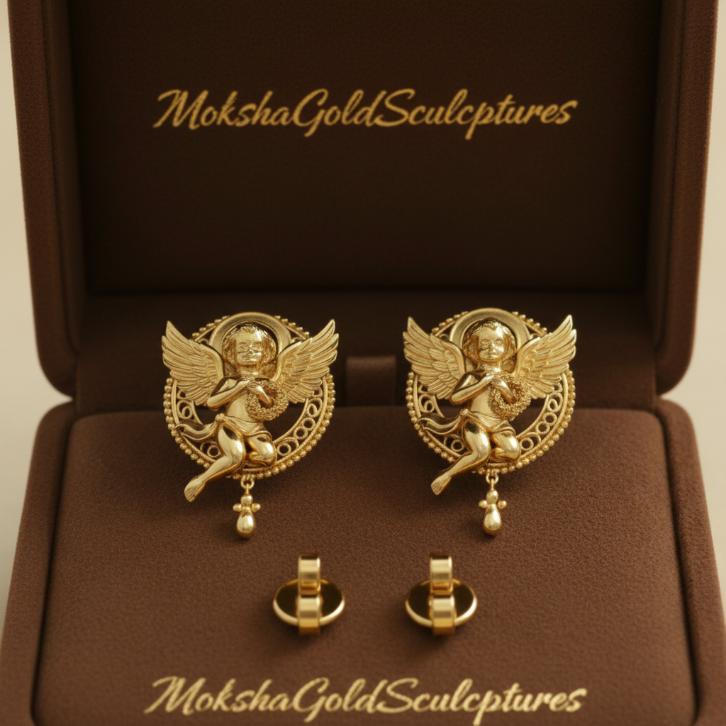 Golden Cherub Angel Stud Earrings | Guardian Angel Jewelry | 9K Gold, Sterling Silver & Yellow Brass | Handmade Religious Gift