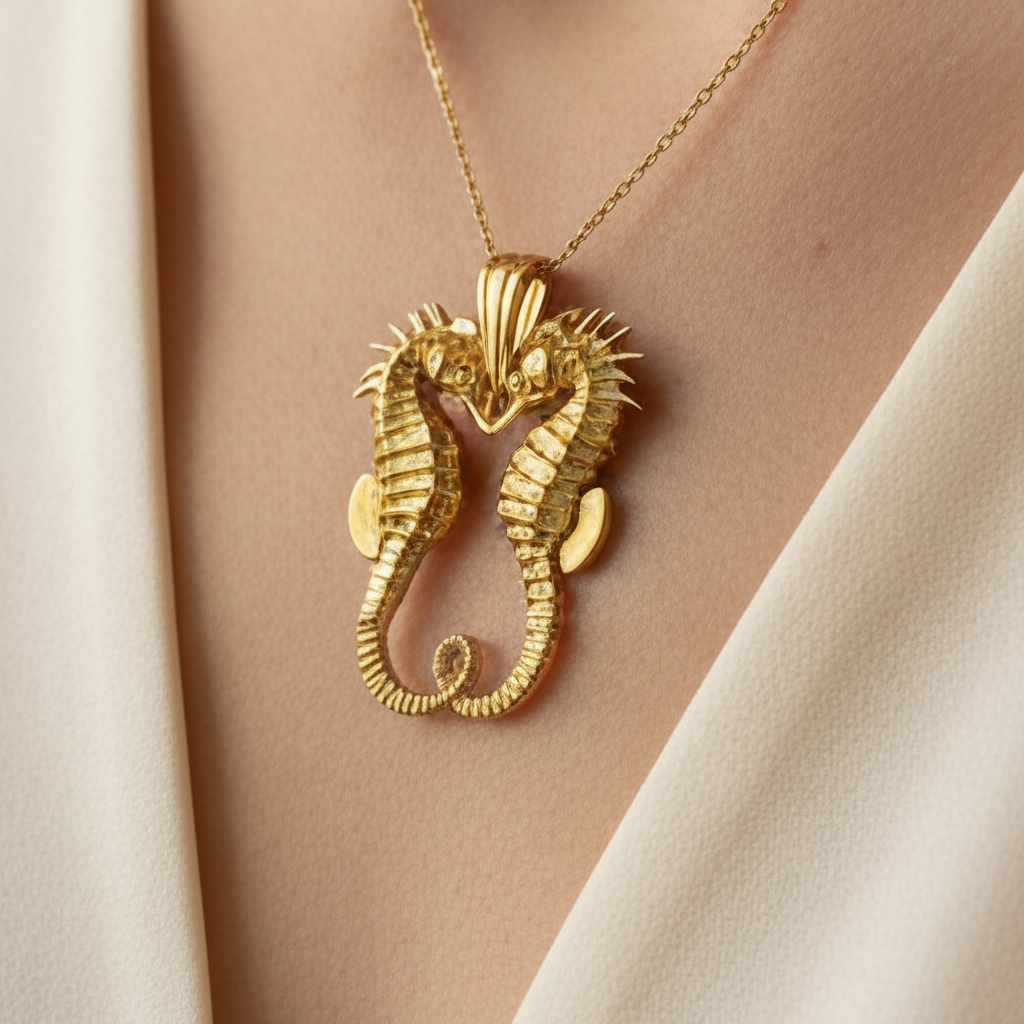 Seahorse Couple Pendant Necklace in polished gold by MokshaGoldSculptures, two seahorses forming a symmetrical pendant.