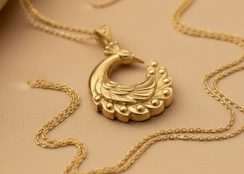 Peacock Pendant Necklace 25mm | 9K Solid Gold, Sterling Silver 925 or Polished Yellow Brass | Art Nouveau Peacock Necklace | Nature Inspired Bird Jewelry | Made to Order
