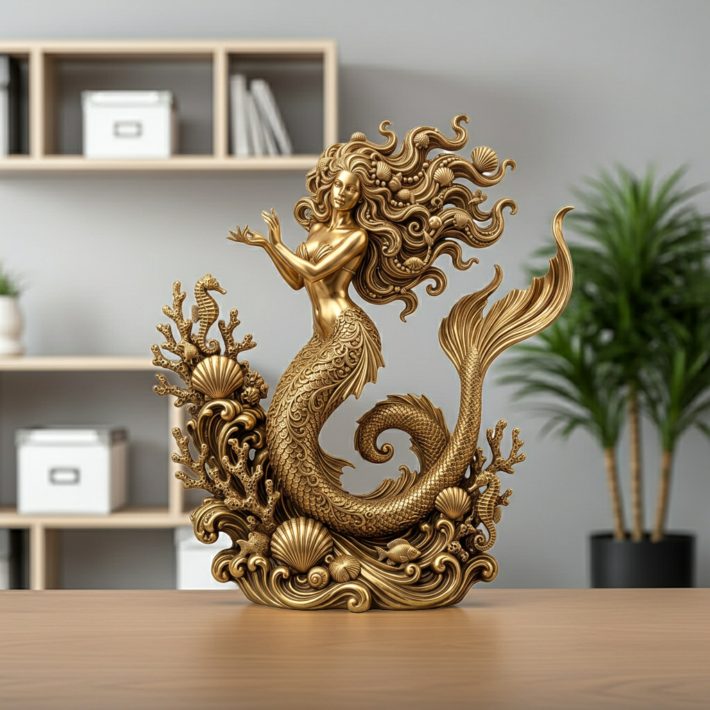 The Golden Mermaid Statue 250mm in gold by MokshaGoldSculptures, flowing hair and curved tail, on wood with seashells.