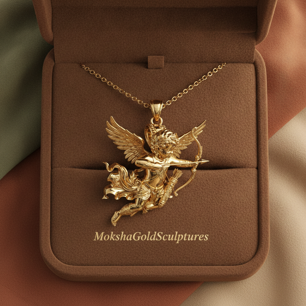 Winged Cupid Archer Pendant Necklace | Cherub Angel with Bow & Arrow | Handmade in 9K Gold, Sterling Silver & Yellow Brass
