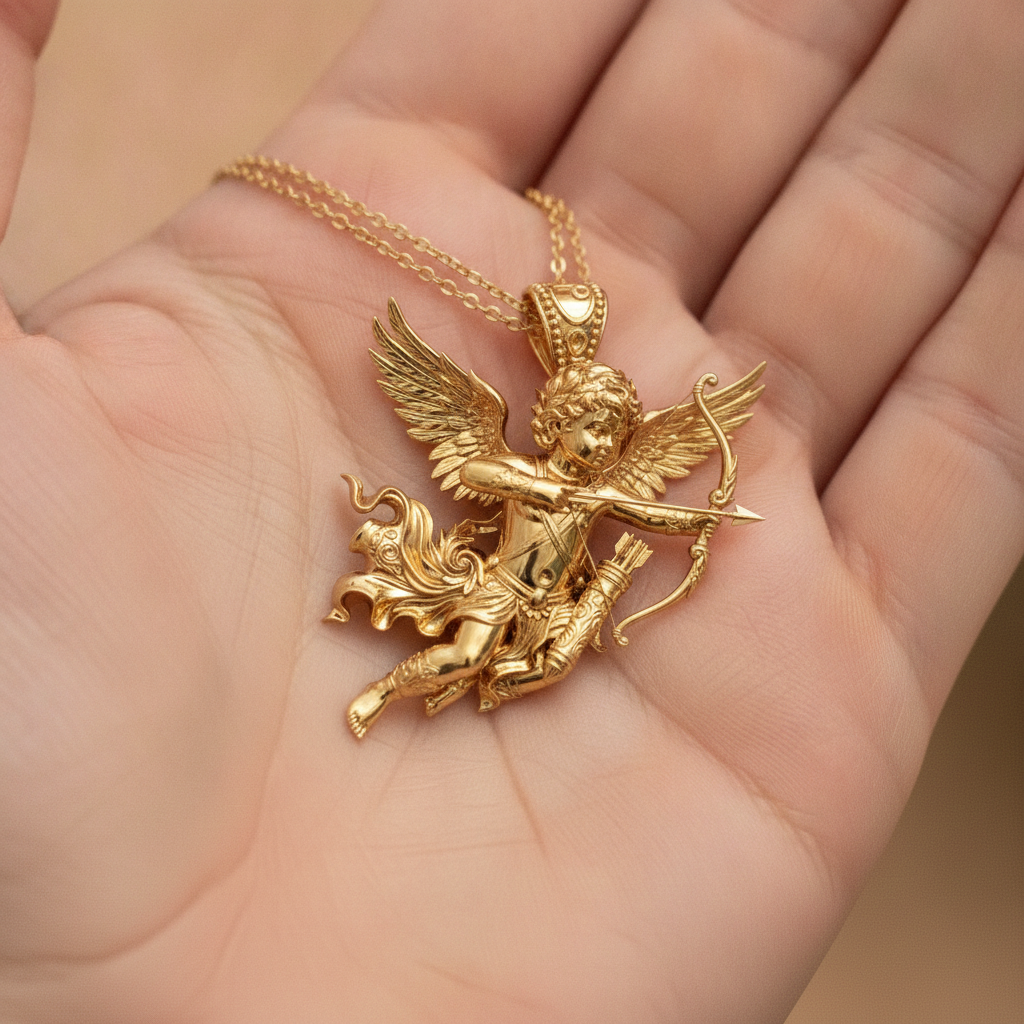 Winged Cupid Archer Pendant Necklace | Cherub Angel with Bow & Arrow | Handmade in 9K Gold, Sterling Silver & Yellow Brass