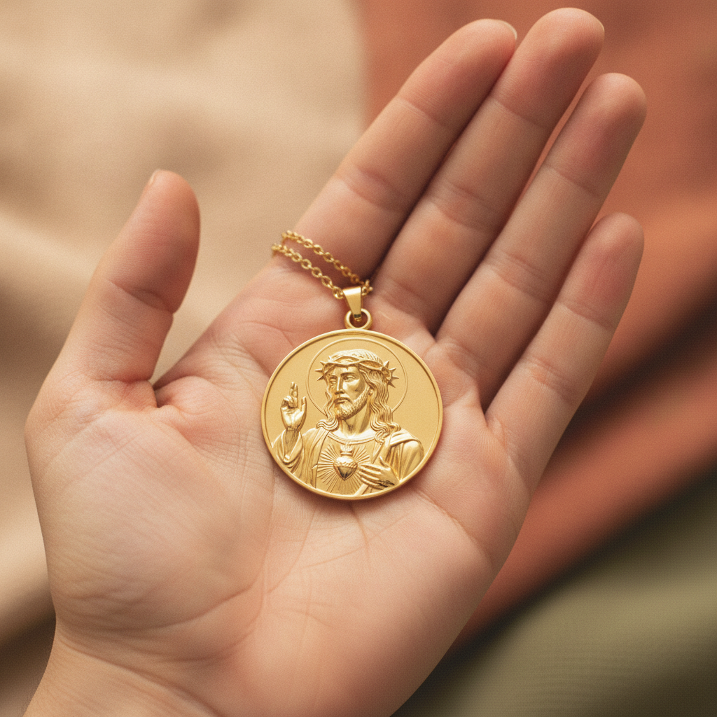 Jesus Sacred Heart Coin Pendant Necklace | 18K Gold Plated, Sterling Silver or Polished Brass | Christian Medallion | Catholic Religious Jewellery | 30mm