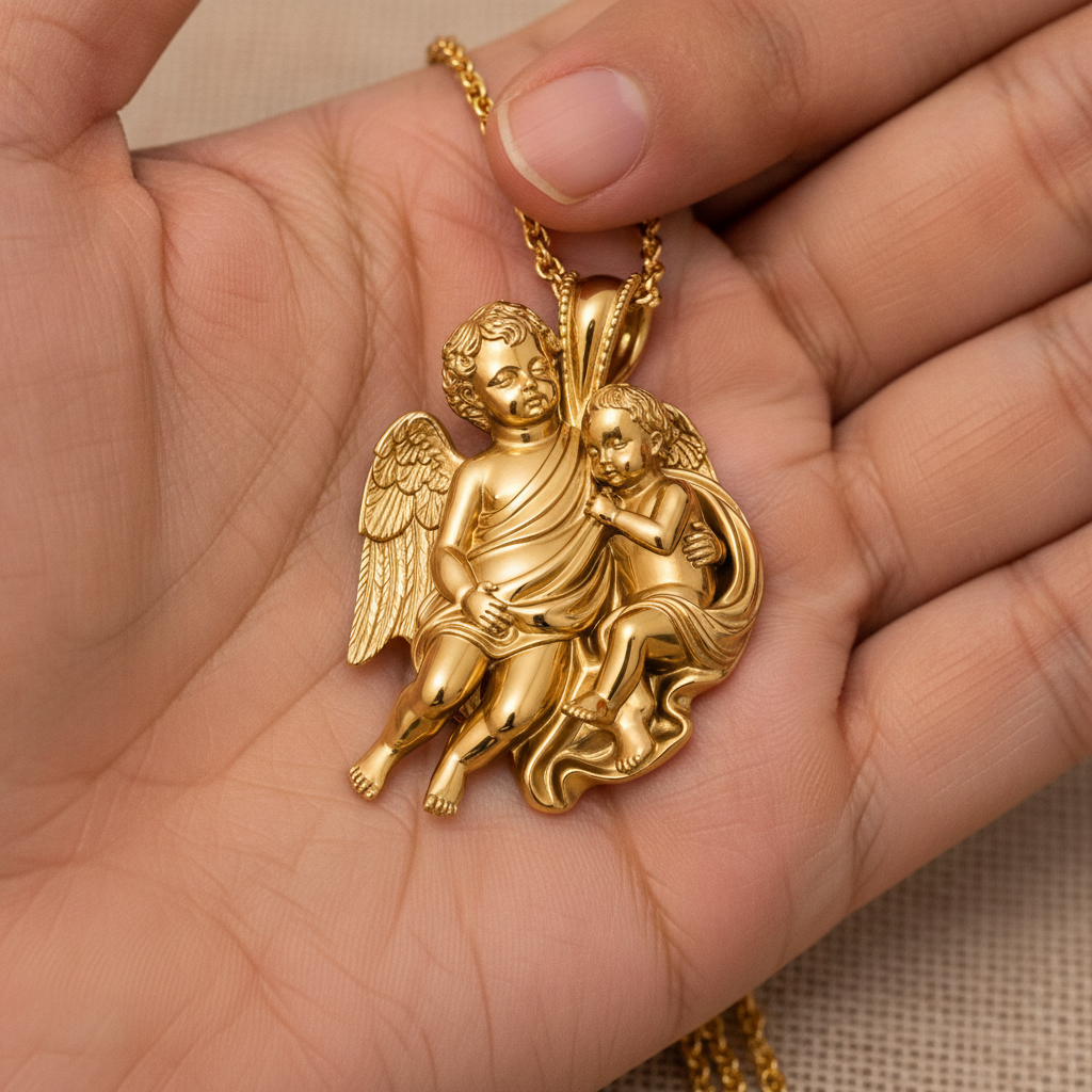 Golden Cherub Duo Pendant Necklace | Guardian Angel Jewelry | 9K Gold, Sterling Silver & Yellow Brass | Handmade Religious Gift