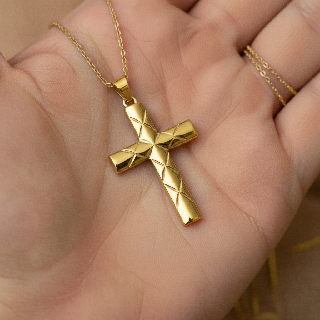 Faceted Cross Pendant Necklace in 9K gold by MokshaGoldSculptures, held on a fine chain.