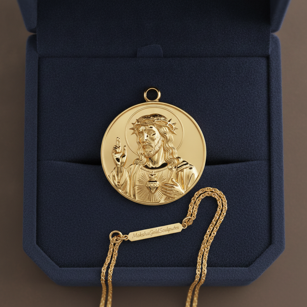 Jesus Sacred Heart Coin Pendant Necklace | 18K Gold Plated, Sterling Silver or Polished Brass | Christian Medallion | Catholic Religious Jewellery | 30mm
