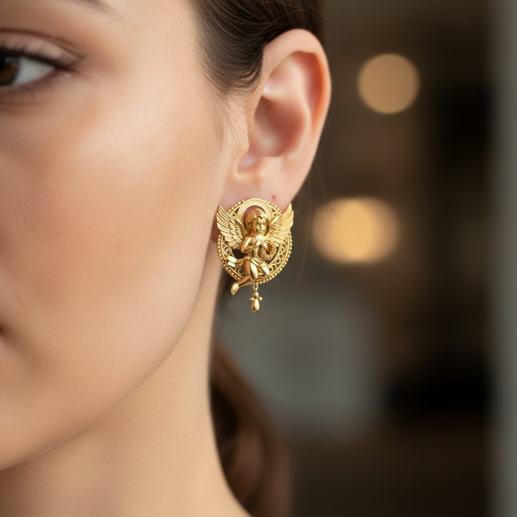 Golden Cherub Angel Stud Earrings | Guardian Angel Jewelry | 9K Gold, Sterling Silver & Yellow Brass | Handmade Religious Gift