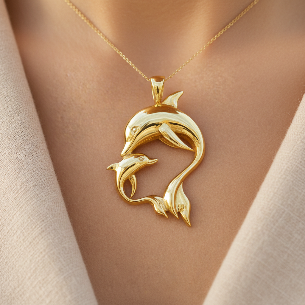 The Dolphin Mother & Baby Pendant Necklace in polished silver by MokshaGoldSculptures, two dolphins forming a heart.