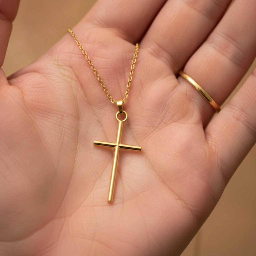 Minimalist Cross Pendant Necklace in gold by MokshaGoldSculptures, shown on hand with gold chain and ring.