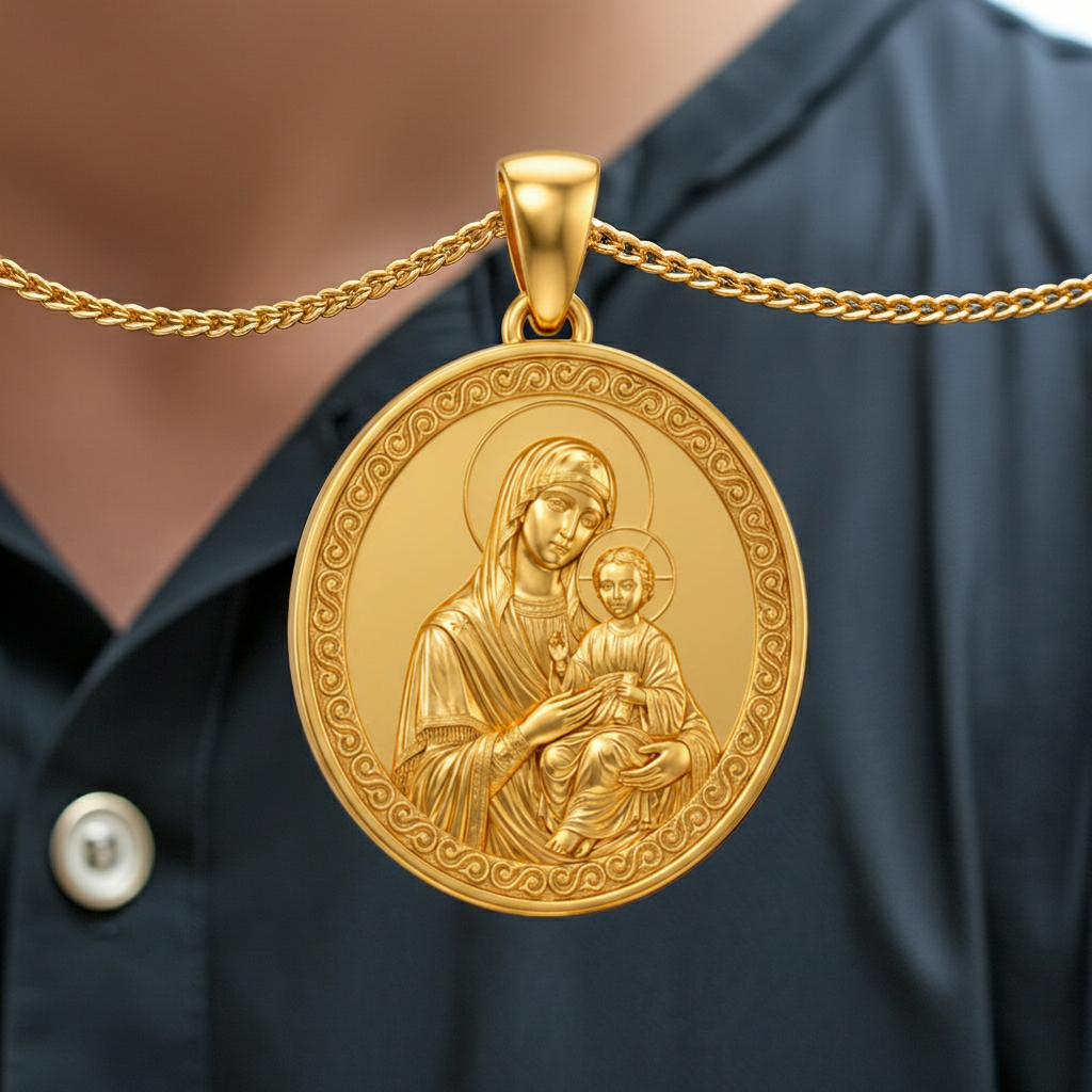 Mary with Baby Jesus Pendant Necklace – Ancient Religious Scene Jewelry – Catholic Christian Devotional Gift