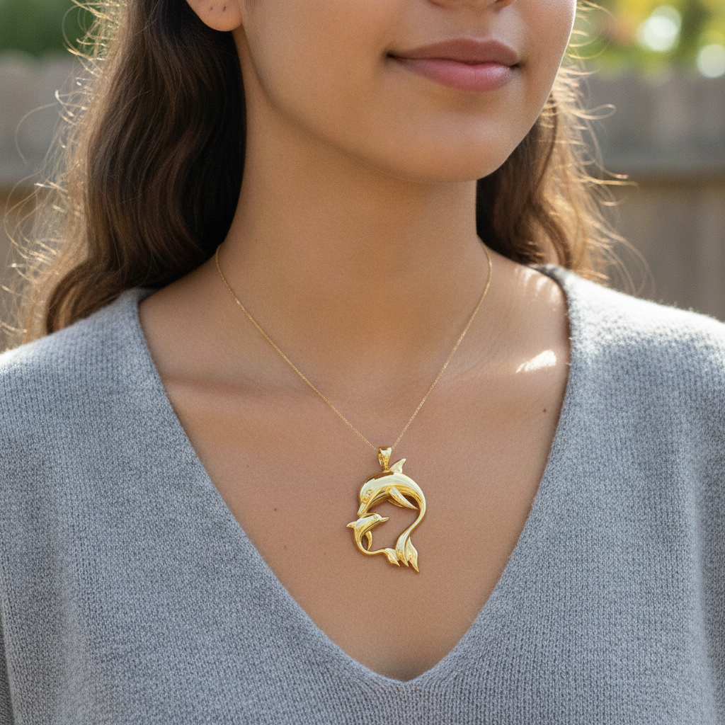 Dolphin Mother & Baby Pendant Necklace in polished yellow brass by MokshaGoldSculptures.