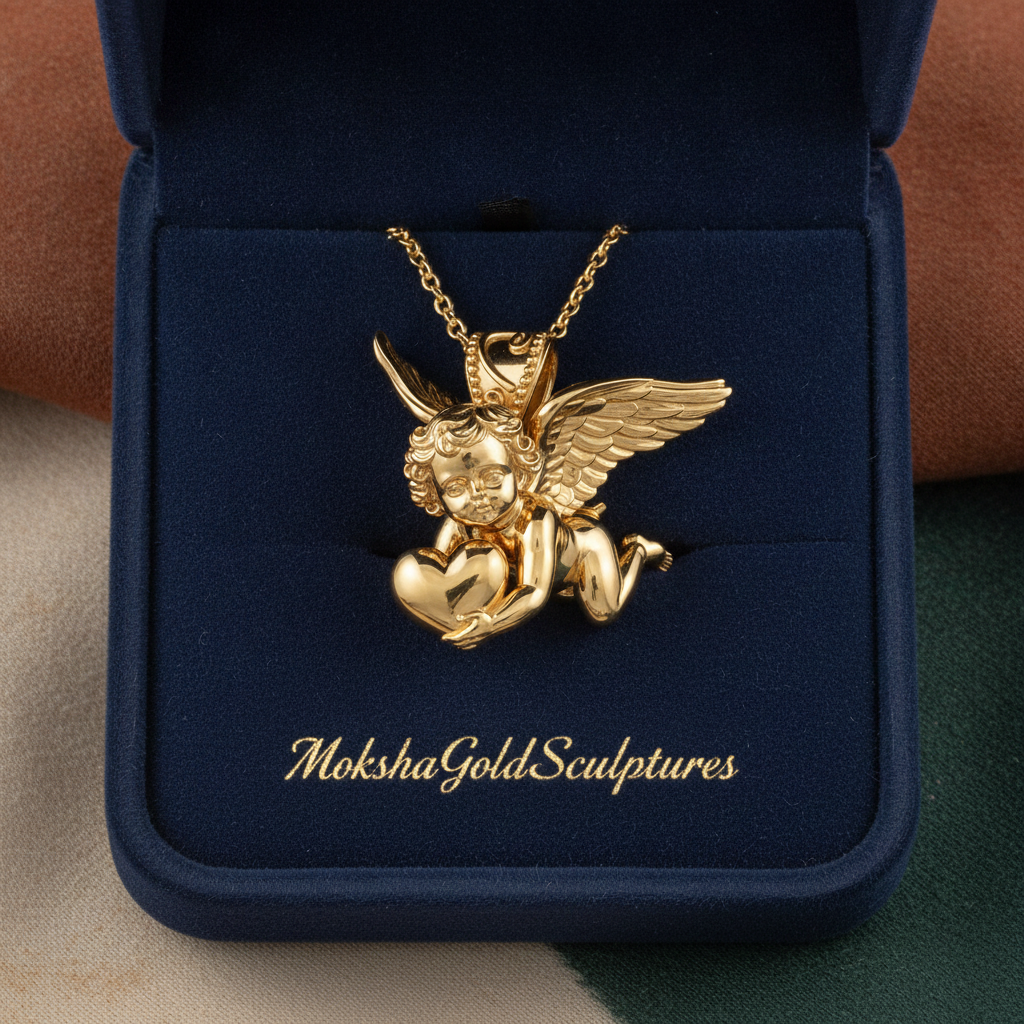 Golden Cherub with Heart Pendant Necklace | Angel of Love & Protection | 9K Gold, Sterling Silver or Polished Brass | Handmade Religious Jewelry Gift