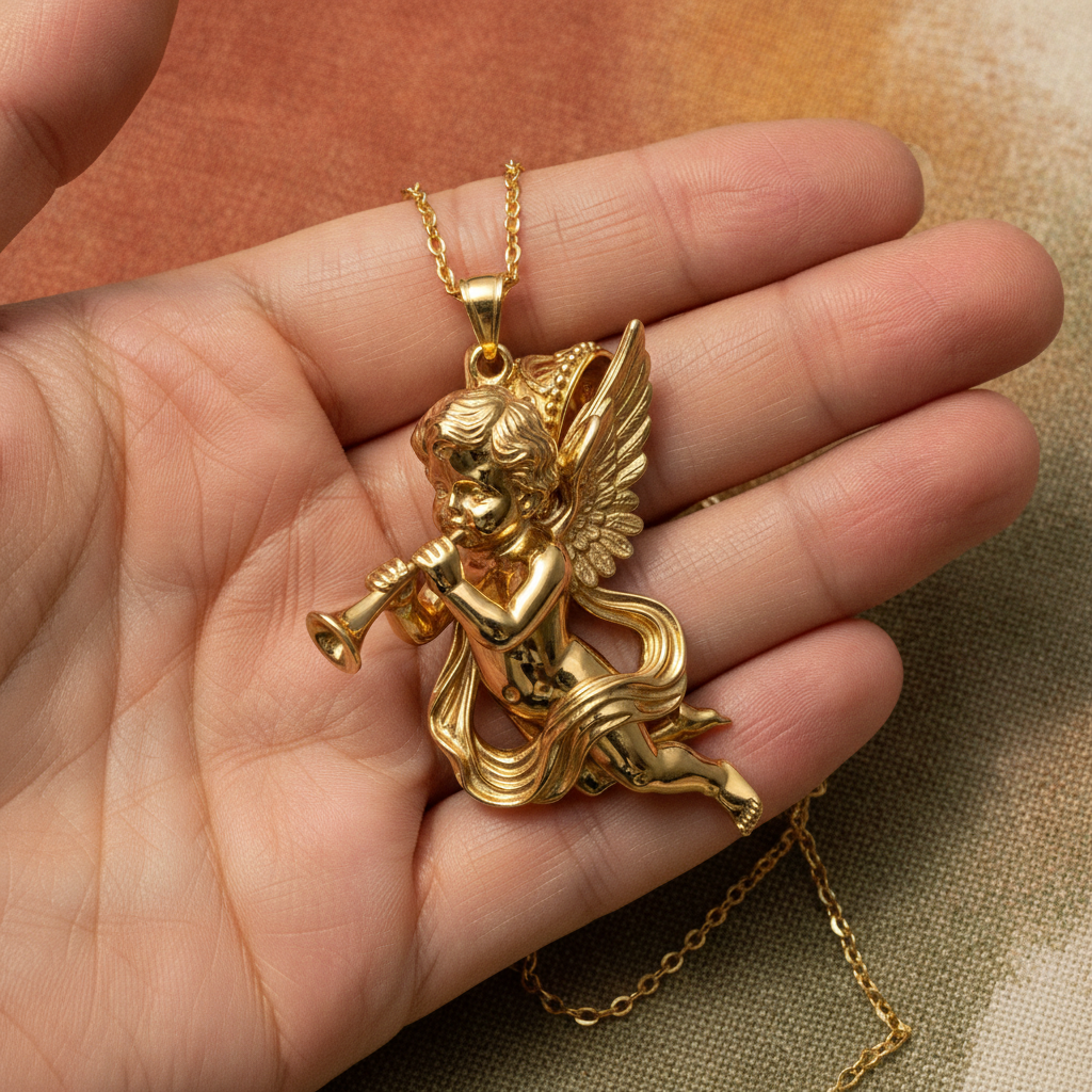 Golden Cherub Flute Pendant Necklace | Guardian Angel Jewelry | 9K Gold, Sterling Silver & Yellow Brass