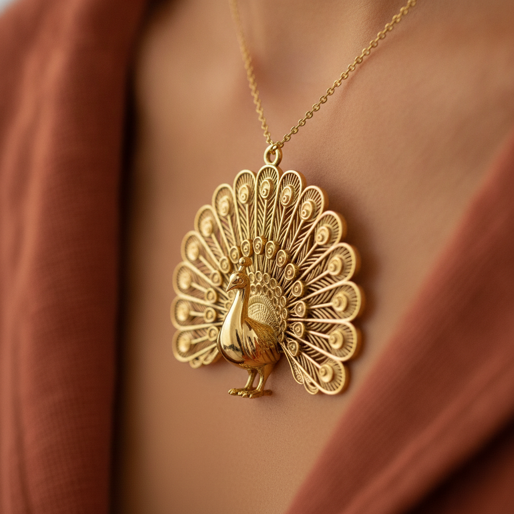 Peacock Pendant Necklace in 9K gold, sterling silver, or polished brass by MokshaGoldSculptures, feather detail visible.
