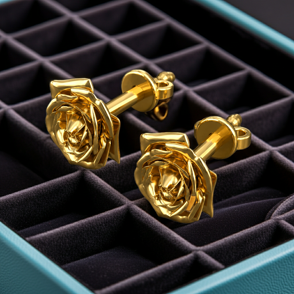 Polished Brass Rose Stud Earrings in high polish finish by MokshaGoldSculptures, displayed in a velvet jewelry box.