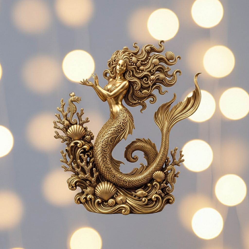 The Golden Mermaid Statue, gold-tone finish by MokshaGoldSculptures, flowing hair, detailed scales, seashell and coral accents.
