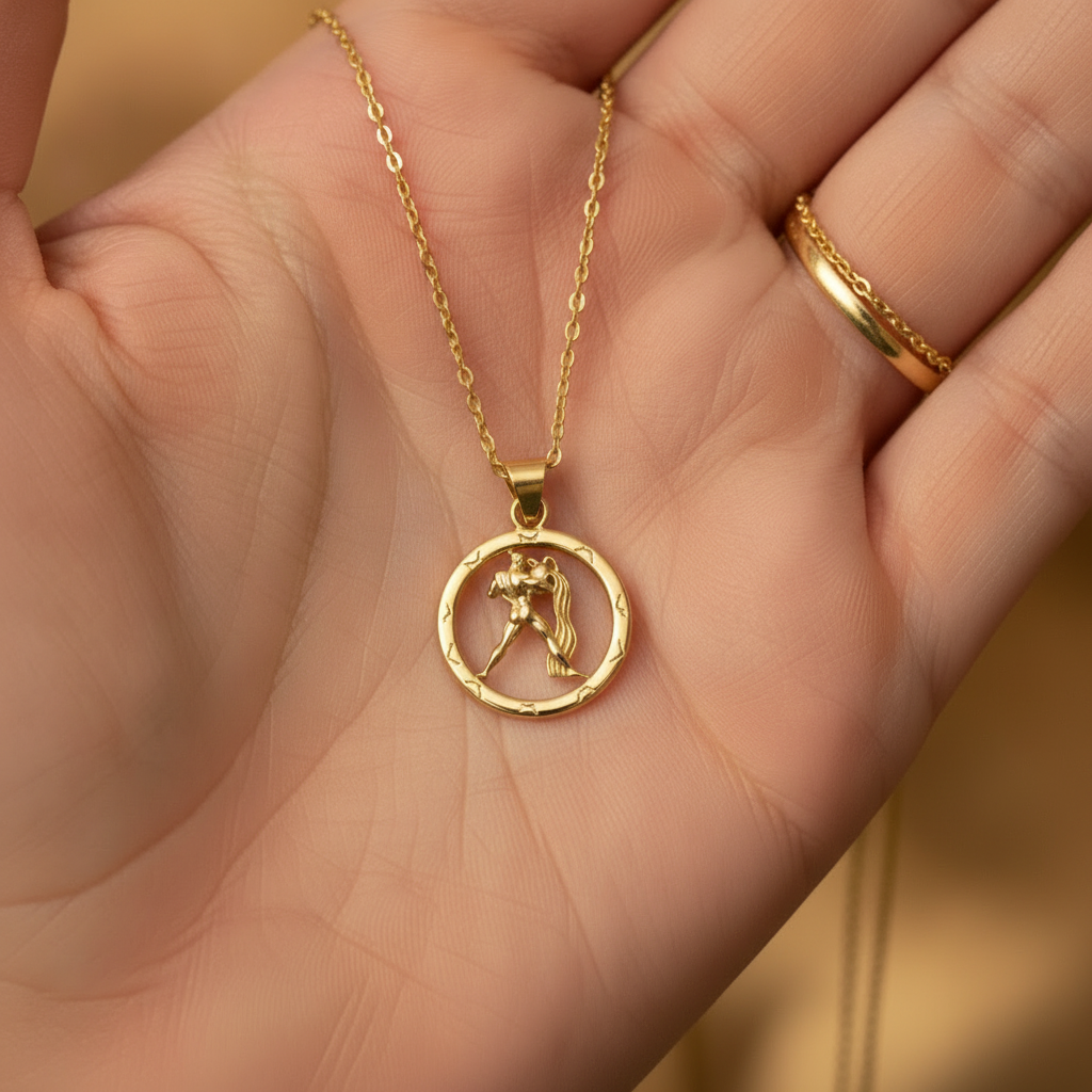 25mm Aquarius Zodiac Pendant Necklace, Men's Water Bearer Necklace, 9K Gold, Sterling Silver or Brass, Astrology Jewellery Gift