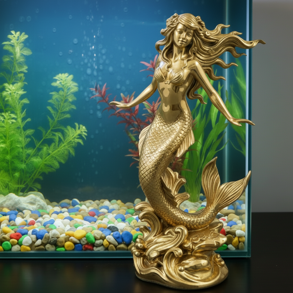 The Polished Brass Mermaid Sculpture in polished brass finish by MokshaGoldSculptures.
