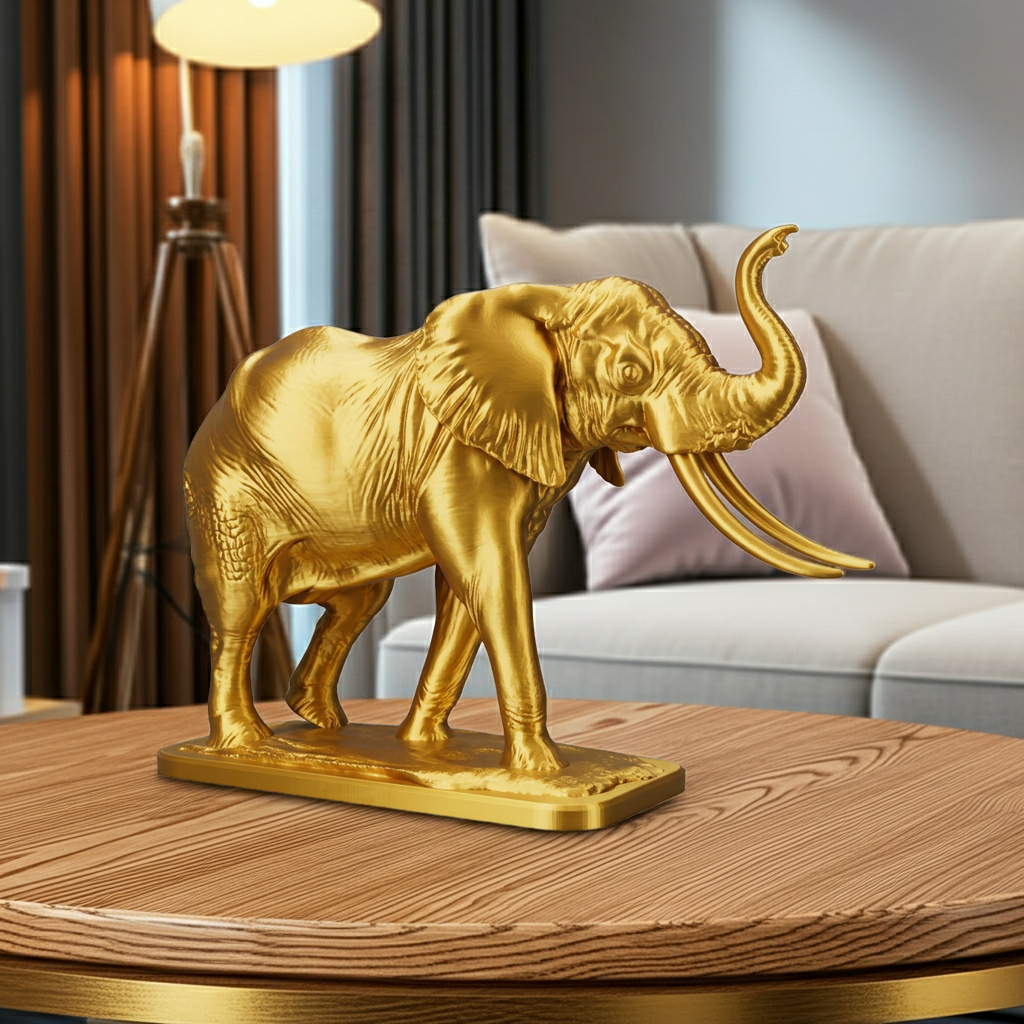 The Majestic Elephant Sculpture in gold finish by MokshaGoldSculptures, handmade PLA statue on display.