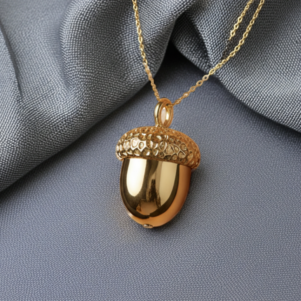 The Gold Acorn Pendant Necklace in 24K gold plated finish by MokshaGoldSculptures on a delicate chain.