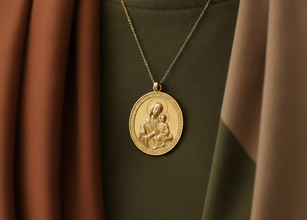 Virgin Mary & Child Coin Pendant Necklace | Blessed Mother Medallion | Christian Jewelry in 18K Gold, Sterling Silver or Yellow Brass