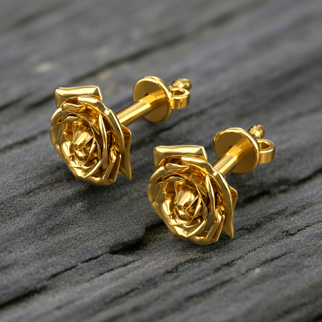 Polished Brass Rose Stud Earrings by MokshaGoldSculptures, sculptural floral design with intricate petals.